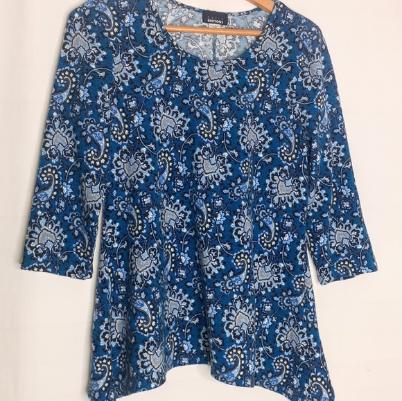 Basic Edition Medium Paisley Blue Handkerchief Hem Soft Stretch Blouse Women's - Picture 2 of 5